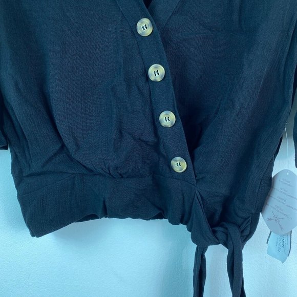Gypsies & Moondust Juniors XS Black Tie Front Button Wrap Blouse Top NWT AQ86 - Picture 5 of 9